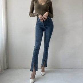 / 하이웨스트 언발투버튼 앞절개 포인트 면 코튼 데님