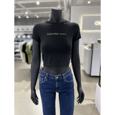 Calvin Klein Jeans 여성 인스티튜셔널 로고 베이비 크롭 반팔 티셔츠 (J221172-BEH)