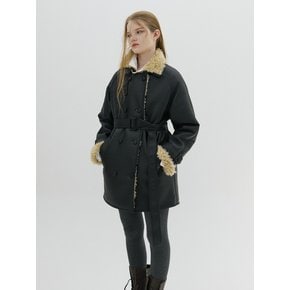 SOFT FAUX SHEARING TRENCH HALF COAT_BLACK BEIGE