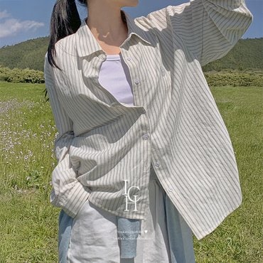 핫핑 [ICH] 라비다 오버핏 카라넥 코튼 스트라이프 긴팔셔츠 P000CPVO