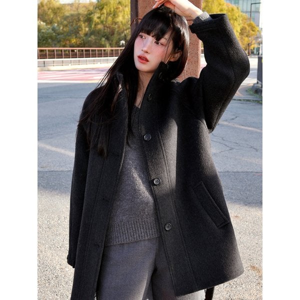 울 블랜드 벨티드 하프 코트 차콜 VW648