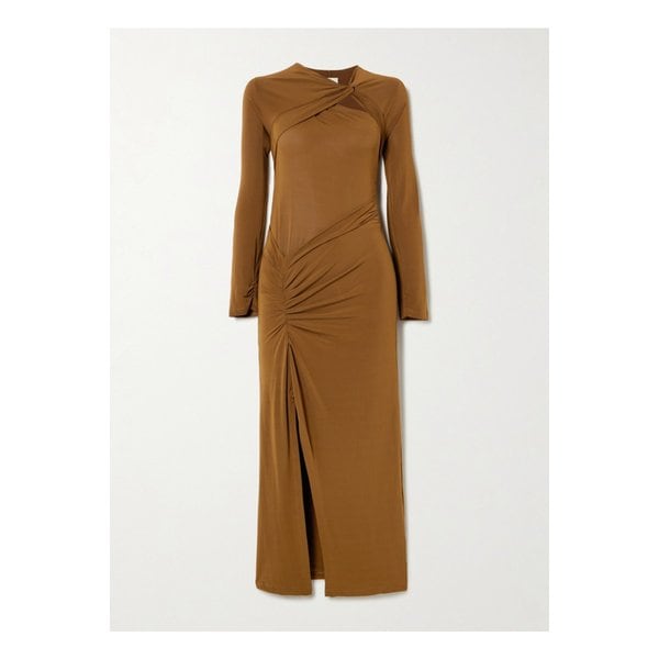 에블리나 비대칭 노티드 스트레치 저지 미디 드레스 브라운 46376663162844141