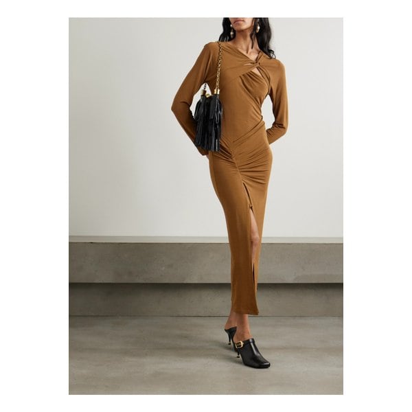 에블리나 비대칭 노티드 스트레치 저지 미디 드레스 브라운 46376663162844141