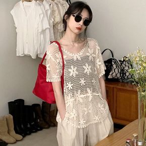 플라워 크로셰 패턴 반팔 니트_P368244596