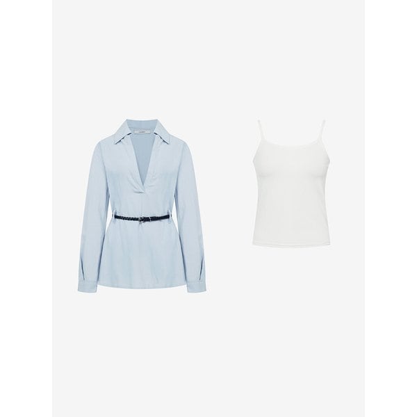 위빙 벨트 오픈 카라넥 셔츠 + 나시 SET (VMBAC2416)