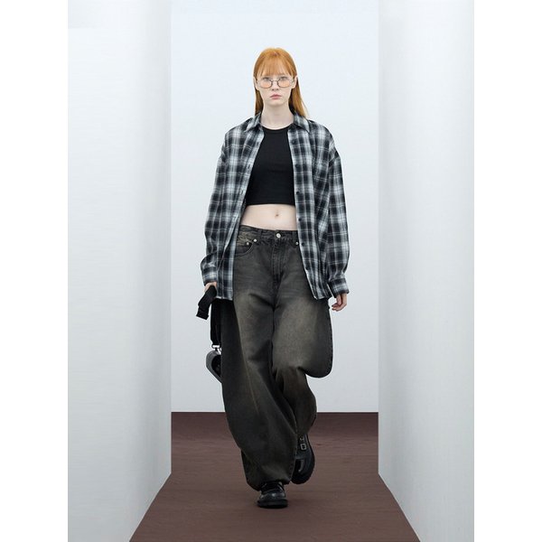 85-VIVA061 빈티지 레이 오버핏 포켓 긴팔 체크 셔츠 블랙