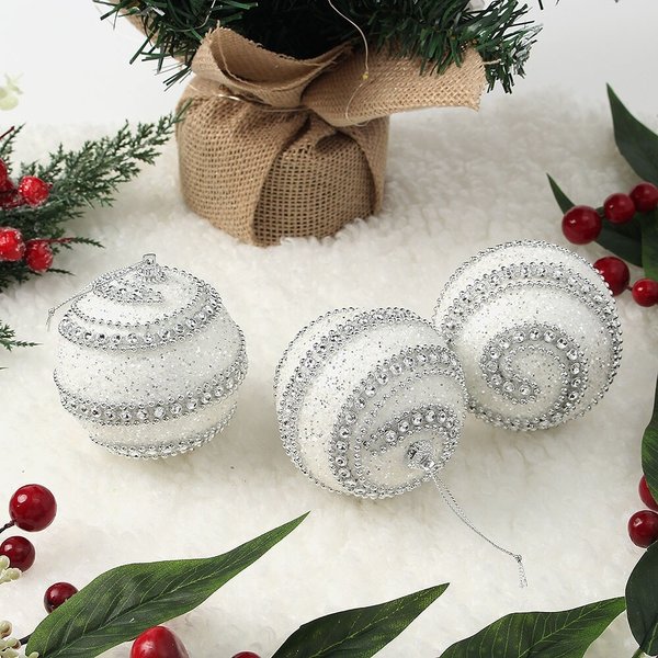 실버화이트 글리터 장식볼 3p세트(8cm) (더블라인)