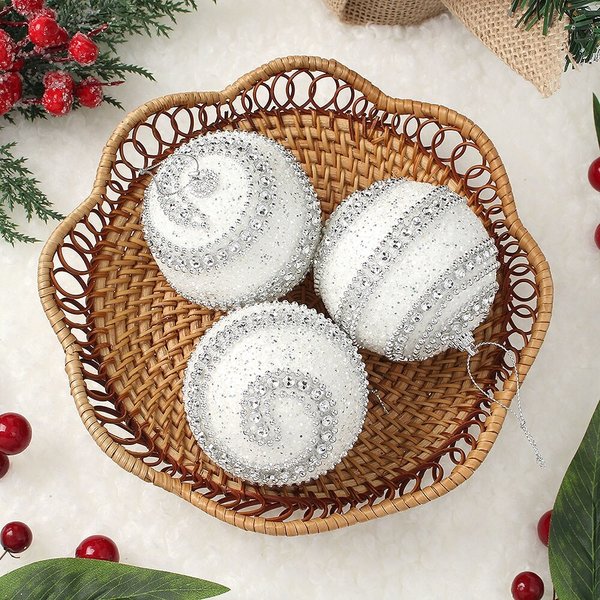 실버화이트 글리터 장식볼 3p세트(8cm) (더블라인)