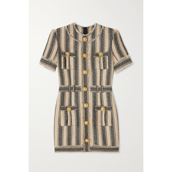 Frayed Sequin-embellished Striped Piqué Mini Dress 베이지