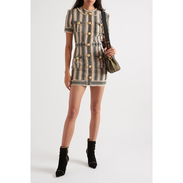Frayed Sequin-embellished Striped Piqué Mini Dress 베이지