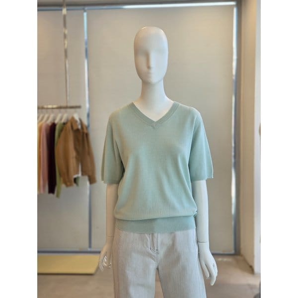 [여주점] [더 아이잗] 여성 하프 슬리브 브이넥 풀오버 니트(IS3M1PO851)