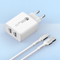 36W 퀵차지 QC3.0 2포트 멀티 USB 고속 충전기+메탈 고강도 C타입 케이블 1.5m 세트