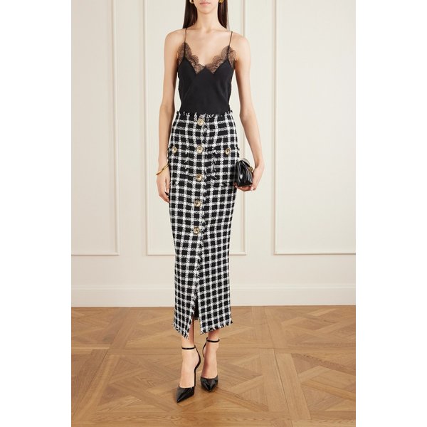 프레이드 체크 코튼 블렌드 트위드 미디 스커트 46376663162945924