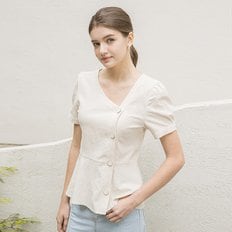 LINEN V NECK UNBAL BLOUSE BEIGE