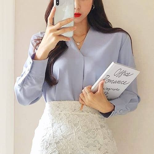 나바바 / NB274 여성 브이넥 노카라 긴소매 쉬폰 블라우스