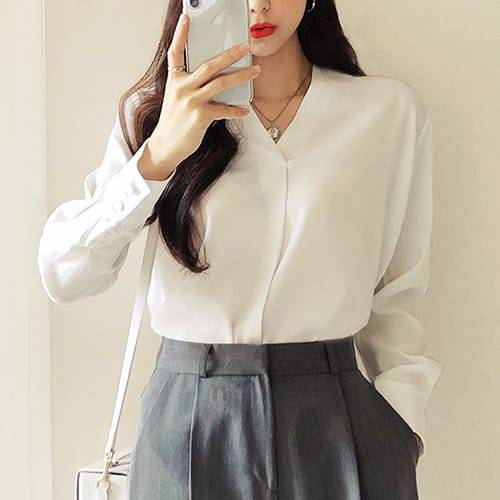 나바바 / NB274 여성 브이넥 노카라 긴소매 쉬폰 블라우스
