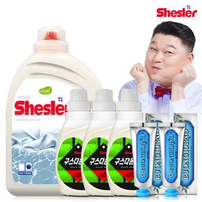 강호동의 쉬슬러 액상 세제 센스티브 3.05L 1개+구스다운워시전용 650ml 3개+치석케어 치약 100g 2개.