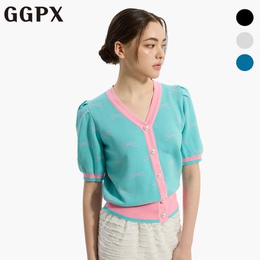 GGPX 리본 진주 버튼 배색 브이넥 가디건 (GP2KG028F)