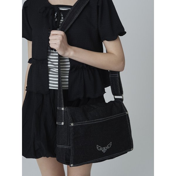 ANGEL CUBIC DENIM MESSENGER BAG - BLACK