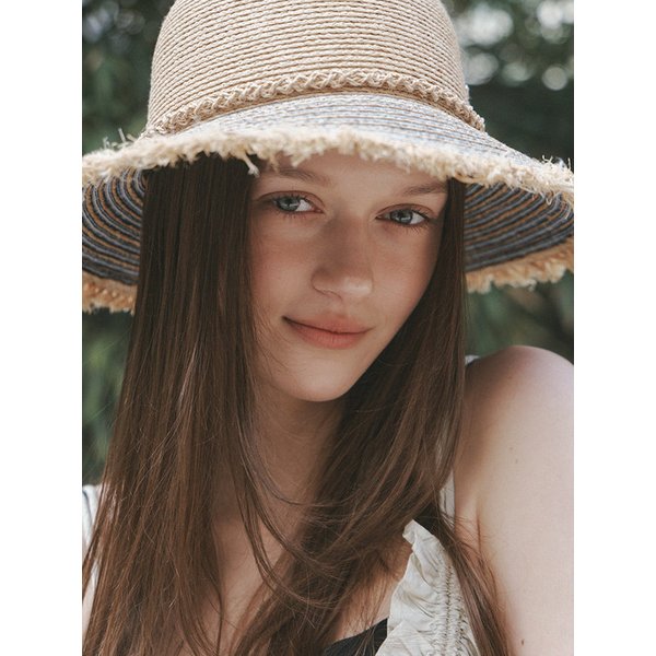 Denim raffia fringe floppy hat
