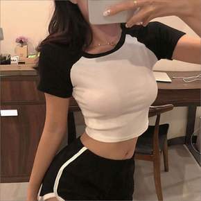 여성 크롭 반팔 티셔츠 나그랑 배색 슬림핏 스포티 배꼽티