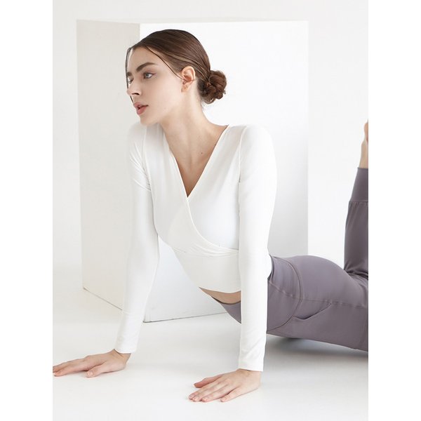 여성 요가복 DEVI-T0068-화이트 필라테스 티랩 브이 크롭 긴팔티