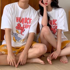 시원한 면 반팔 커플 파자마 세트 여름 셔츠 잠옷 홈웨어 귀여운 디즈니 캐릭터_P401920655