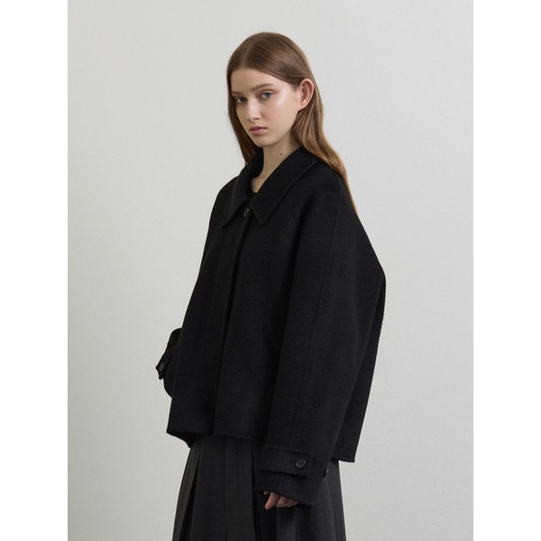 울 핸드메이드 크롭 코트 - 블랙