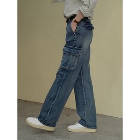 Bleach washing cargo wide denim pants(Blue)