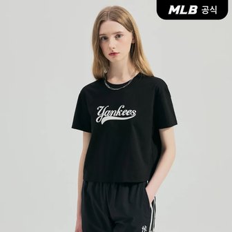 MLB [코리아공식] 여성 베이직 바시티 컬시브 크롭 티셔츠 NY (Black)