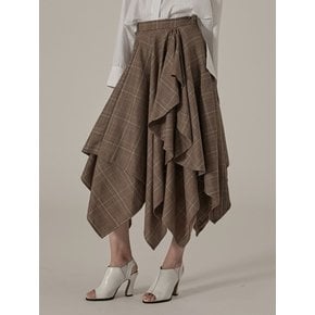 UNBALANCE LONG FLARE CHECK SKIRT - BROWN