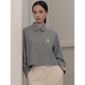 [24FW] WOOL PINSTRIPE CROP LOGO BLOUSE GREY