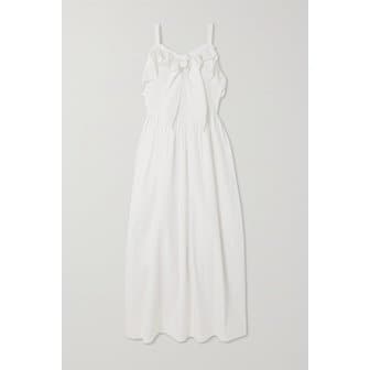 BATSHEVA 바체바 카차 타이 프론트 러플 브로드리 앙글레즈 코튼 미디 드레스 화이트 43769801096311509
