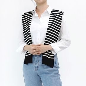 스콰즈 페이크 가디건 SAIT002 여성 레이어드 줄무늬 니트 어깨 숄..