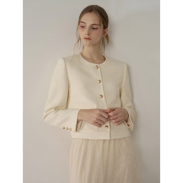 버터 옐로우  골드 버튼  트위드 자켓 - 아이보리