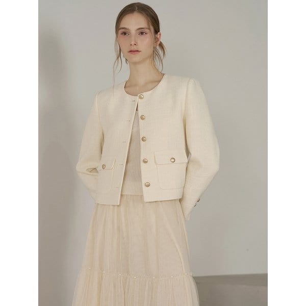 버터 옐로우  골드 버튼  트위드 자켓 - 아이보리