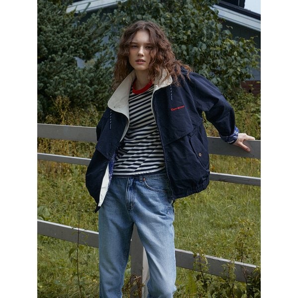 Cotton Layered Trucker Jacket (Navy)