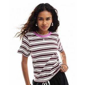 5094167 Monki short sleeve t-shirt in burgundy stripe with pink contrast collar