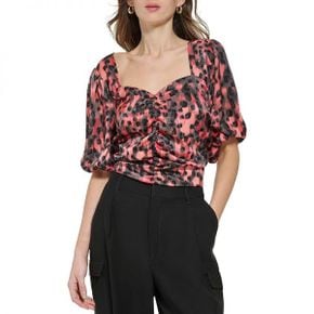 3909652 DKNY Short Sleeve Printed Satin Ruche Front V-Neck Crop Blouse