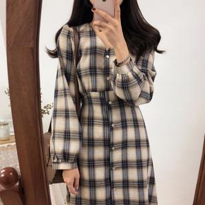 여성 빈티지 브이넥 베이직 긴팔 체크 패턴 롱 원피스