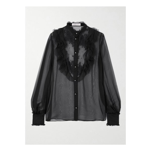 러플 레이스 트리밍 실크 시폰 블라우스 블랙 1647597358755693