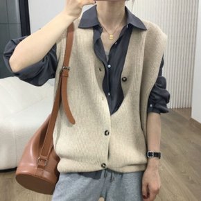 여성 봄니트 조끼 오픈 단추 베스트 3칼라