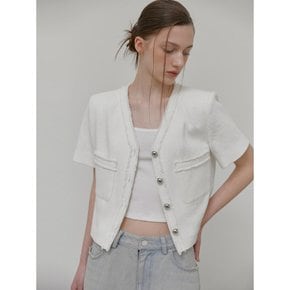 V-Neck Fringe Tweed Jacket, White