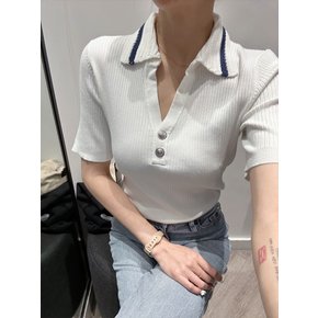 칼라거펠트 26SS 여성 오픈 카라넥 버튼 디테일 골지 반팔 니트