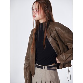 Banded Neck Oversized Leather Jacket (BROWN)