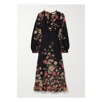 씨뉴욕 졸리 러플 플로럴 프린트 크레이프 드 신 미디 드레스 블랙 46376663162914818