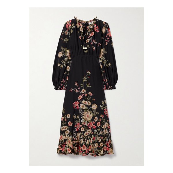 졸리 러플 플로럴 프린트 크레이프 드 신 미디 드레스 블랙 46376663162914818