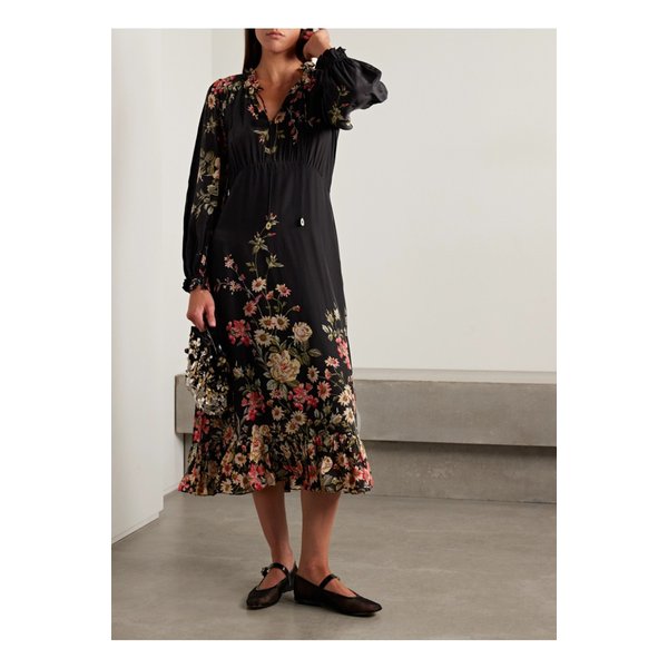 졸리 러플 플로럴 프린트 크레이프 드 신 미디 드레스 블랙 46376663162914818