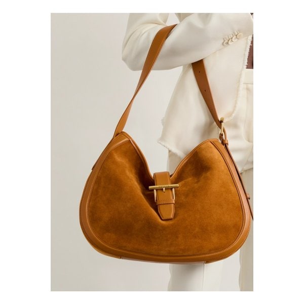 T 바 가죽 트리밍 스웨이드 숄더 백 라이트 브라운 46376663162892222