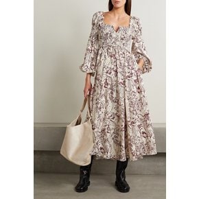 Bettina shirred printed silk-charmeuse midi dress 버건디 1647597347266680